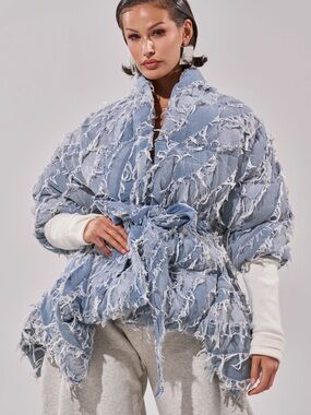 AKIRA Light Blue Frayed Quilted Wrap Jacket